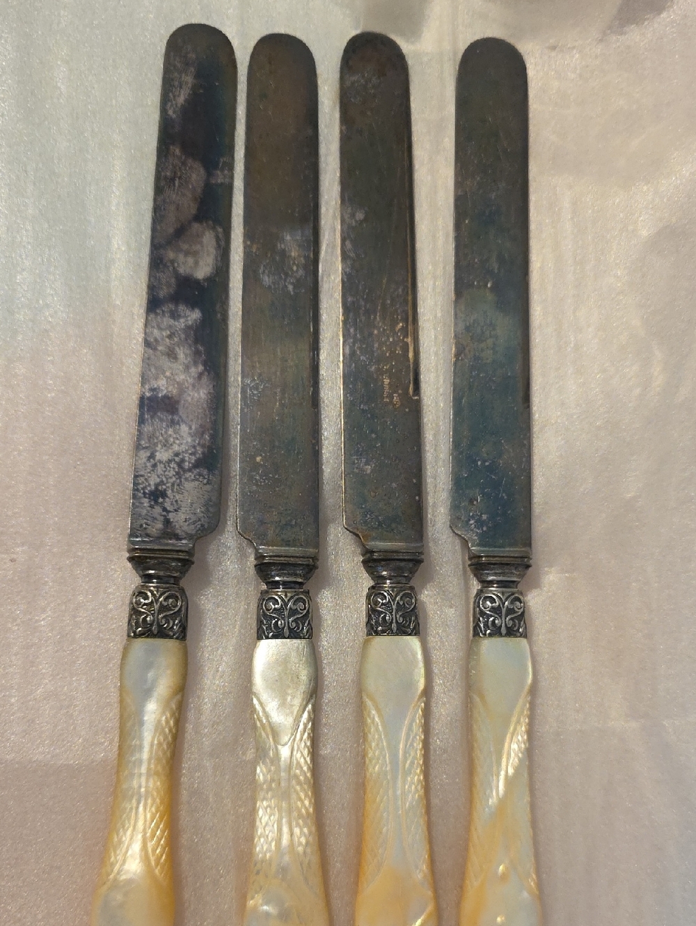 ANTIQ 1834 J RUSSEL & CO CARVED MOP HANDLE STERLING PLATED? BOLSTER KNIVES SET 4
